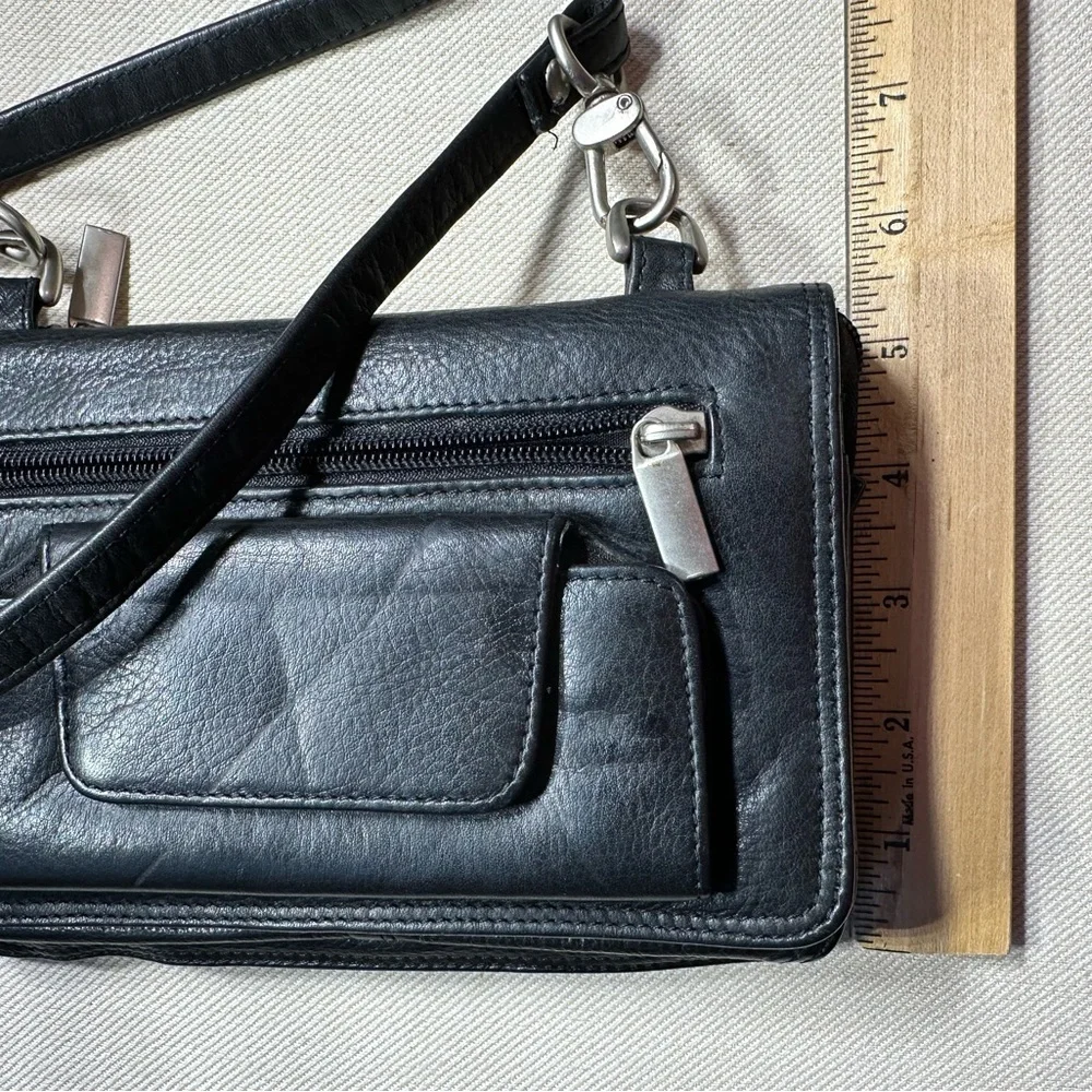 Black Pebble Wilsons Leather Organizer Crossbody Purse Adjustable Shoulder Strap - Picture 10 of 12